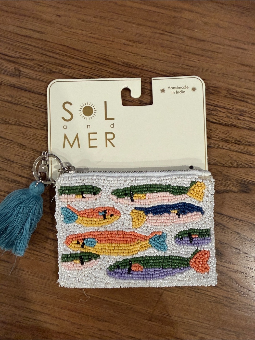 Sol and Mer Kids Fish Beaded Coin Pouch in White with Teal Tassel
